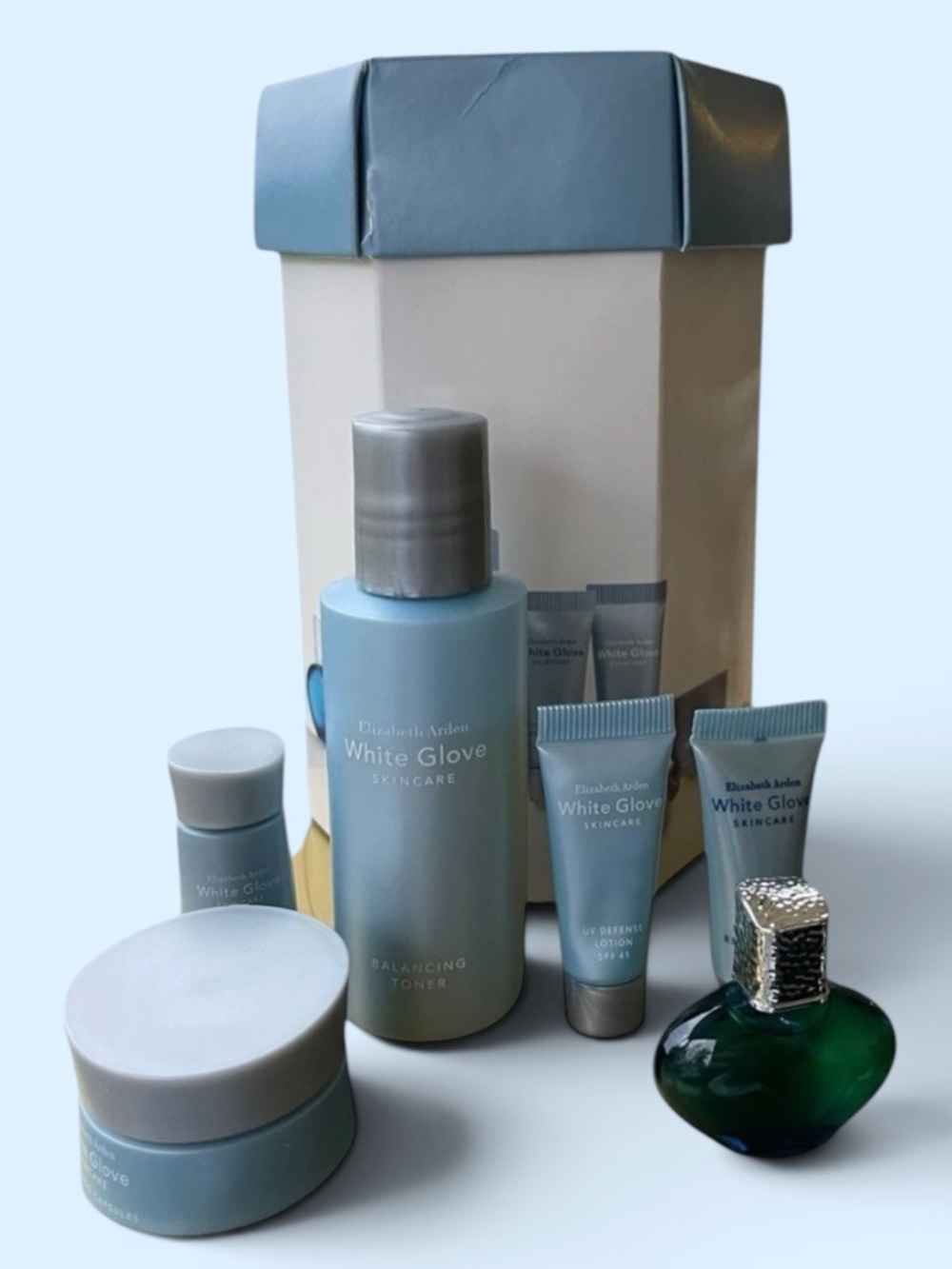 Elizabeth Arden White Glove Skincare Gift Set NWT Serum Toner SPF Perfume Bundle